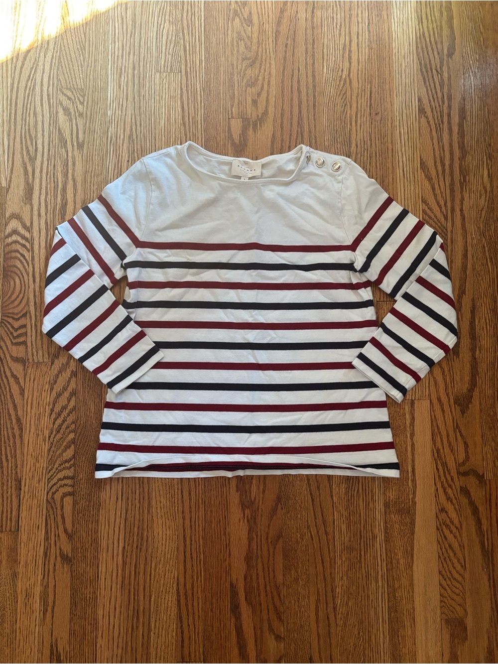 Sezane 3/4 sleeve Striped Top in white, burgundy, and blue
